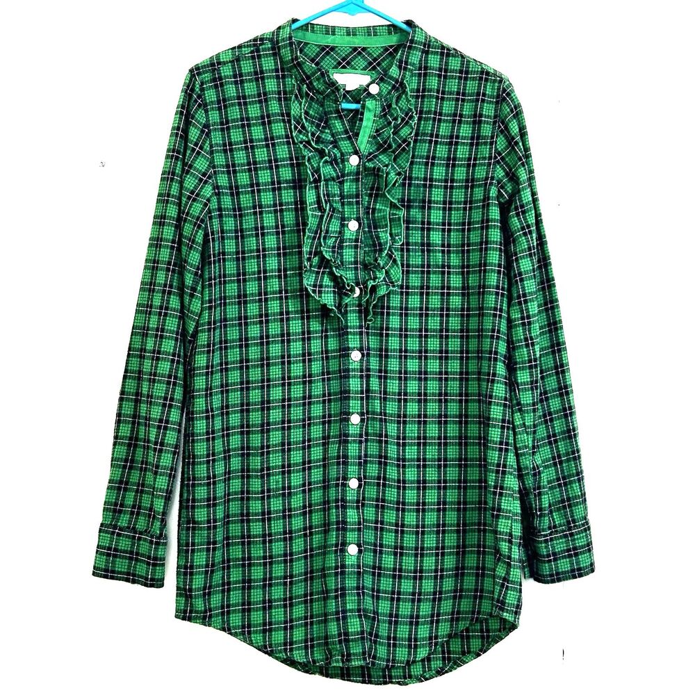 Aerie Women's Flannel Shirt Size SP Green Black Plaid Ruffle Long Sleeve Tunic